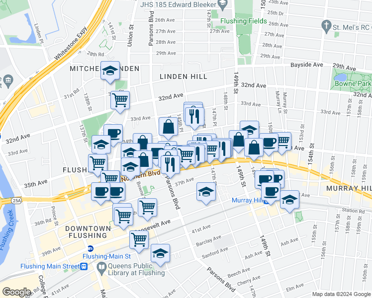 map of restaurants, bars, coffee shops, grocery stores, and more near 35-20 146th Street in Queens