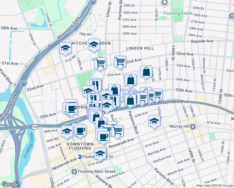 map of restaurants, bars, coffee shops, grocery stores, and more near 139-66 35th Avenue in Queens