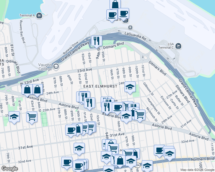 map of restaurants, bars, coffee shops, grocery stores, and more near 24-16 95th Street in Queens
