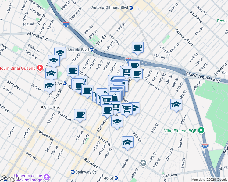map of restaurants, bars, coffee shops, grocery stores, and more near in Queens