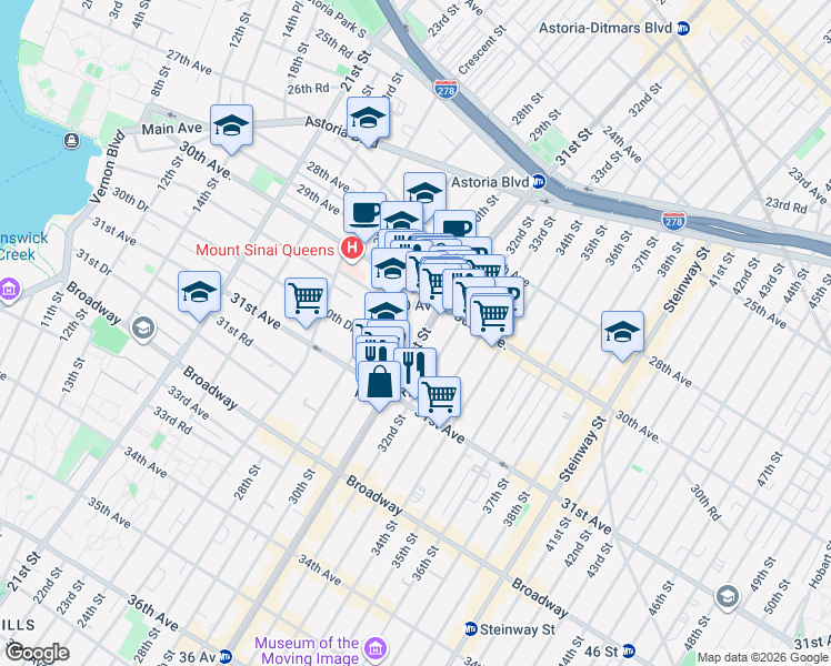 map of restaurants, bars, coffee shops, grocery stores, and more near 30-11 30th Drive in Queens