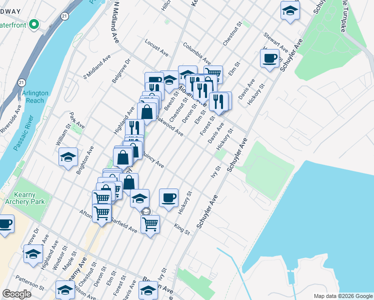 map of restaurants, bars, coffee shops, grocery stores, and more near 347 Forest Street in Kearny