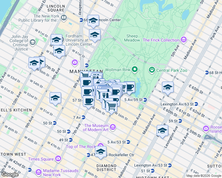 map of restaurants, bars, coffee shops, grocery stores, and more near 150 West 58th Street in New York