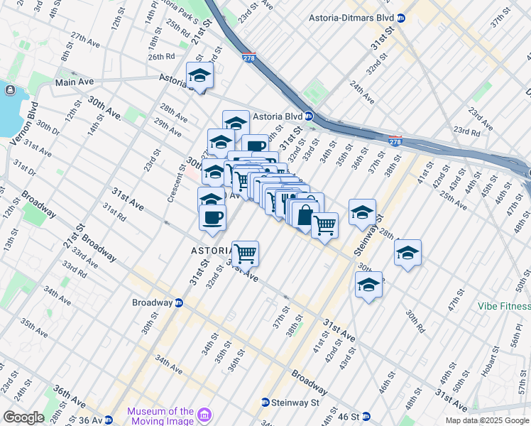 map of restaurants, bars, coffee shops, grocery stores, and more near 30-14 33rd Street in Queens