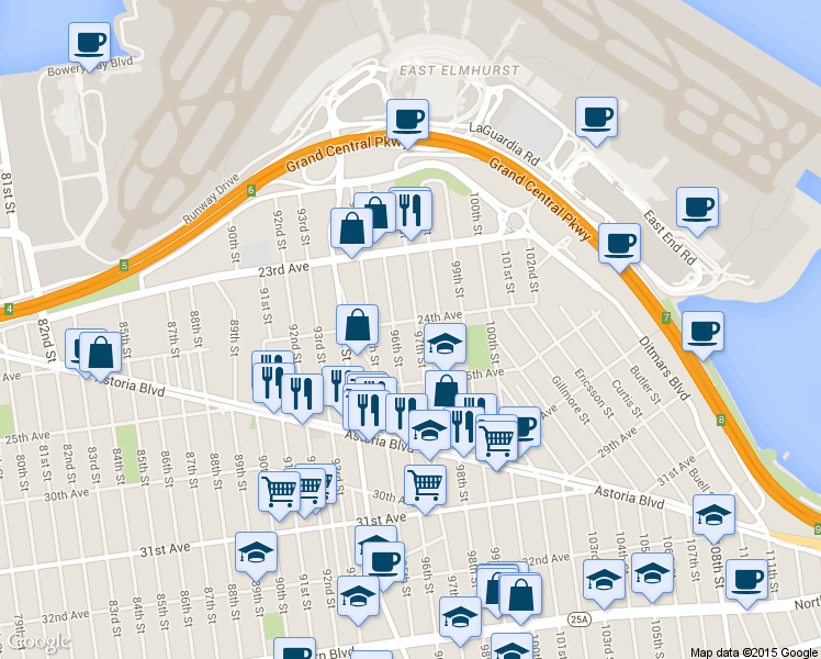 map of restaurants, bars, coffee shops, grocery stores, and more near 24-06 97th Street in East Elmhurst