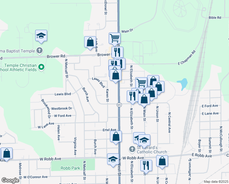 map of restaurants, bars, coffee shops, grocery stores, and more near 1616 Karen Street in Lima