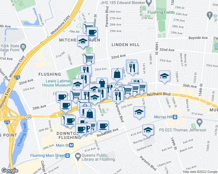 map of restaurants, bars, coffee shops, grocery stores, and more near 139-87 35th Avenue in Queens