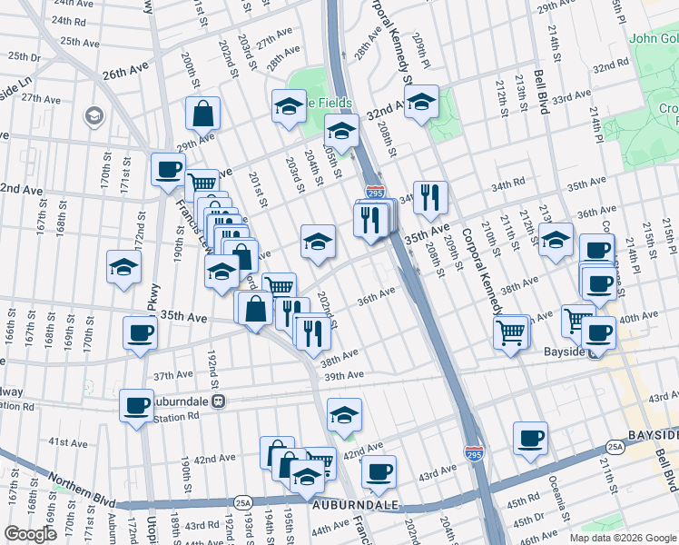 map of restaurants, bars, coffee shops, grocery stores, and more near 35-32 204th Street in Queens
