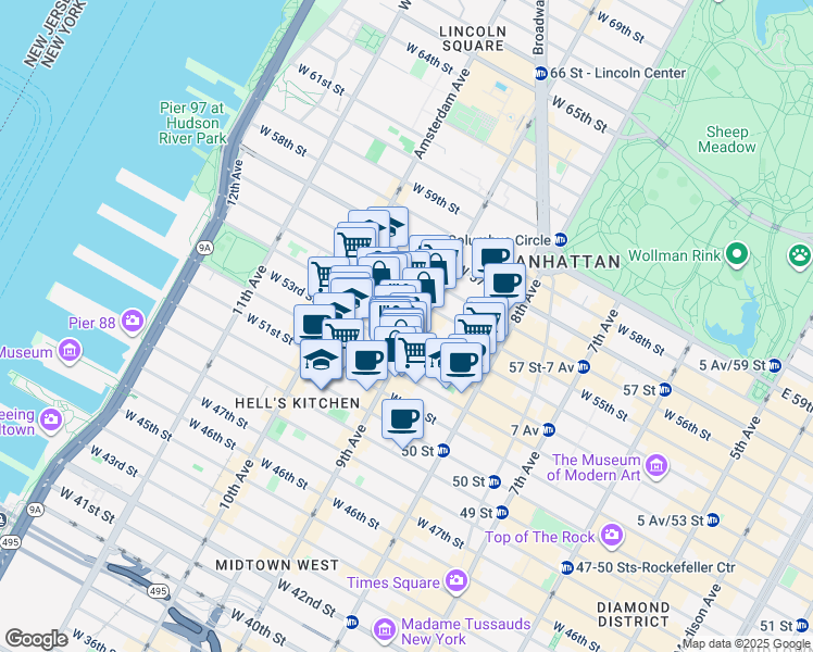 map of restaurants, bars, coffee shops, grocery stores, and more near 400 West 54th Street in New York