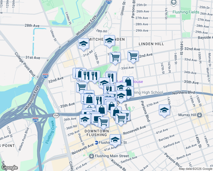 map of restaurants, bars, coffee shops, grocery stores, and more near 139-06 34th Road in Queens