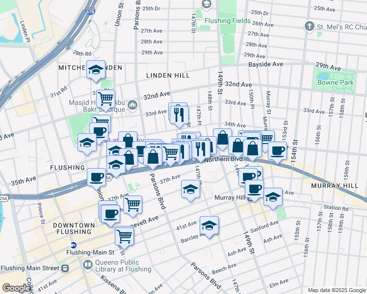 map of restaurants, bars, coffee shops, grocery stores, and more near 35-20 146th Street in Queens