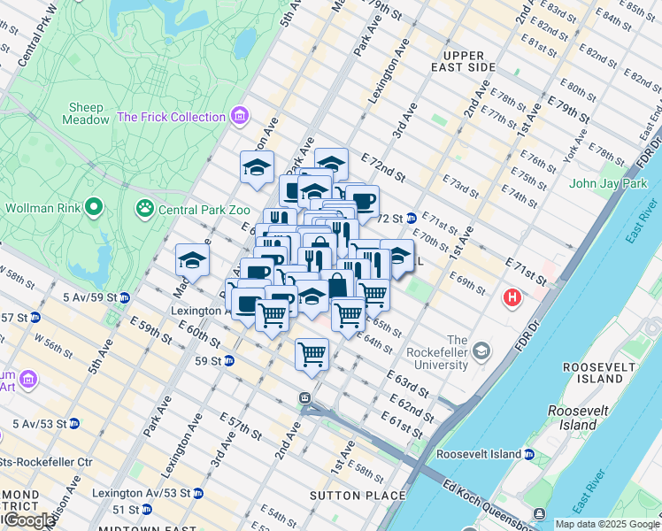 map of restaurants, bars, coffee shops, grocery stores, and more near 1131 3rd Avenue in New York