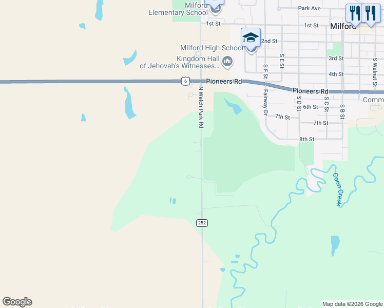 map of restaurants, bars, coffee shops, grocery stores, and more near 569 County Road 252 in Milford
