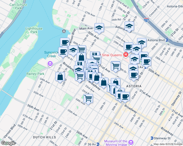map of restaurants, bars, coffee shops, grocery stores, and more near 31-52 21st Street in Queens