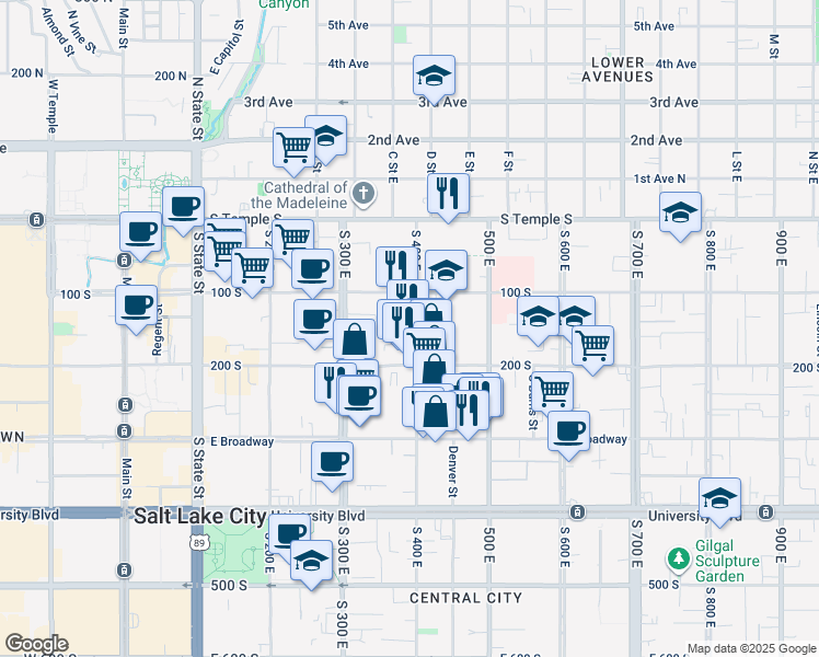 map of restaurants, bars, coffee shops, grocery stores, and more near 363 East 200 South in Salt Lake City