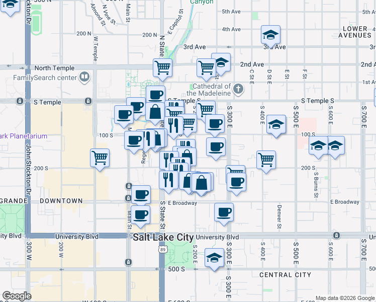 map of restaurants, bars, coffee shops, grocery stores, and more near in Salt Lake City