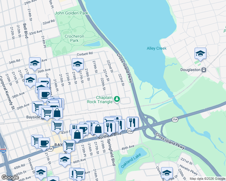 map of restaurants, bars, coffee shops, grocery stores, and more near 40-02 221st Street in Queens