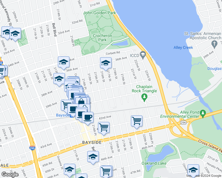 map of restaurants, bars, coffee shops, grocery stores, and more near 39-22 216th Street in Queens