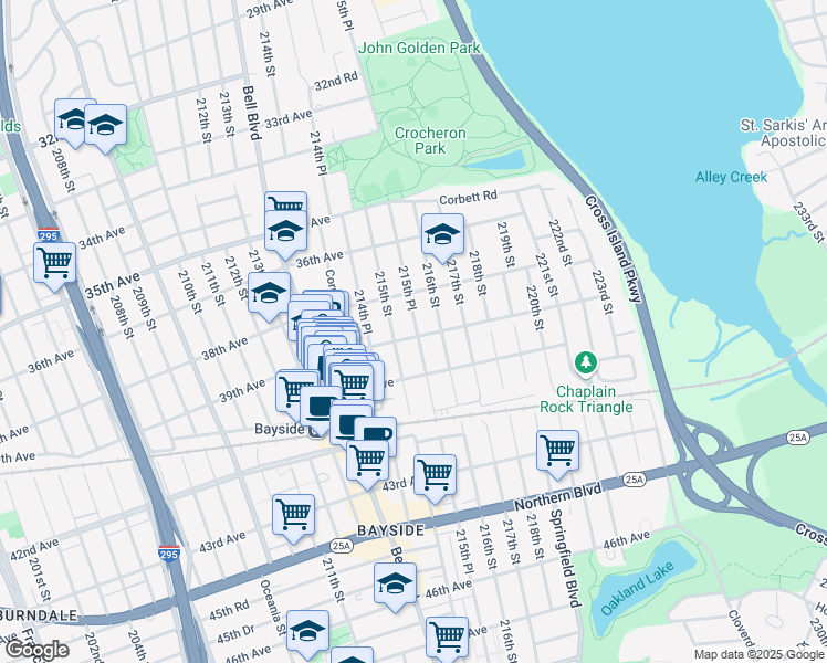 map of restaurants, bars, coffee shops, grocery stores, and more near 39-11 215th Street in Queens