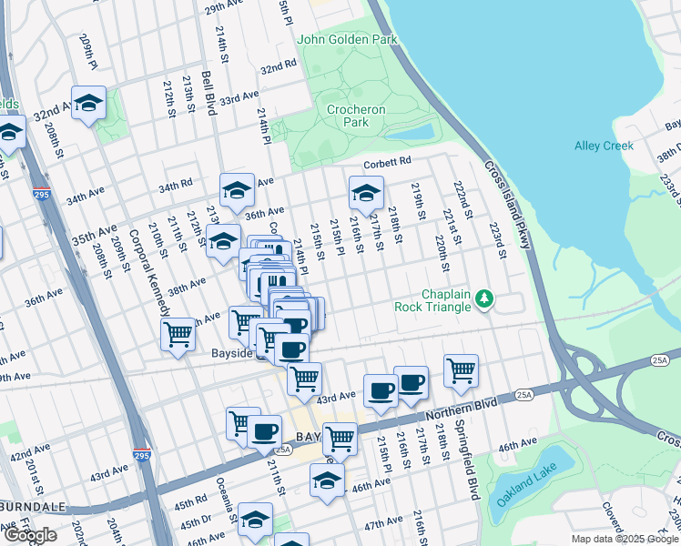 map of restaurants, bars, coffee shops, grocery stores, and more near 39-11 215th Street in Queens