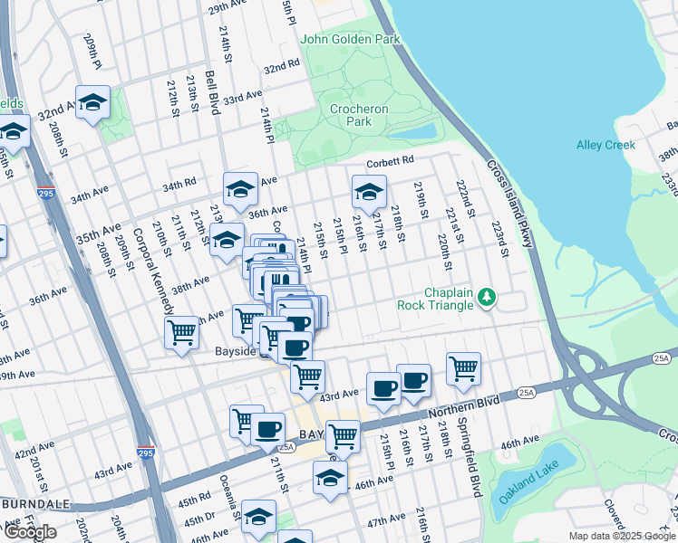 map of restaurants, bars, coffee shops, grocery stores, and more near 39-11 215th Street in Queens