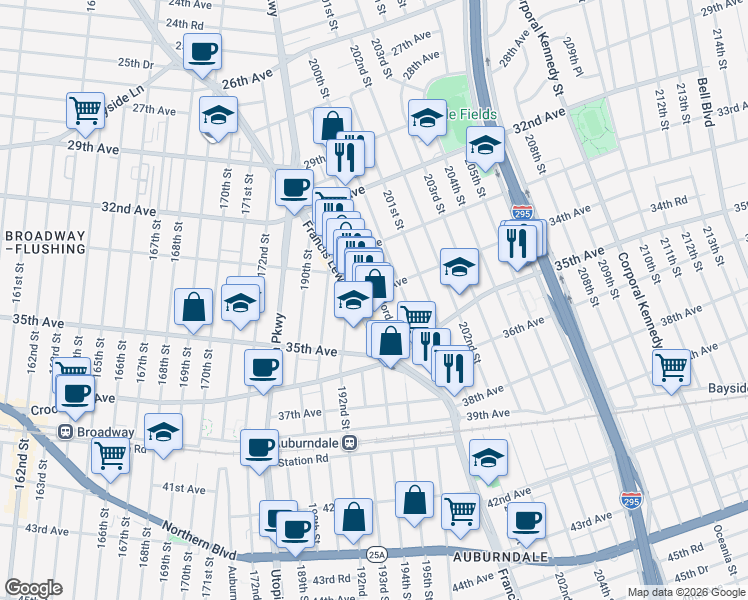 map of restaurants, bars, coffee shops, grocery stores, and more near 199- 2 34th Avenue in Queens