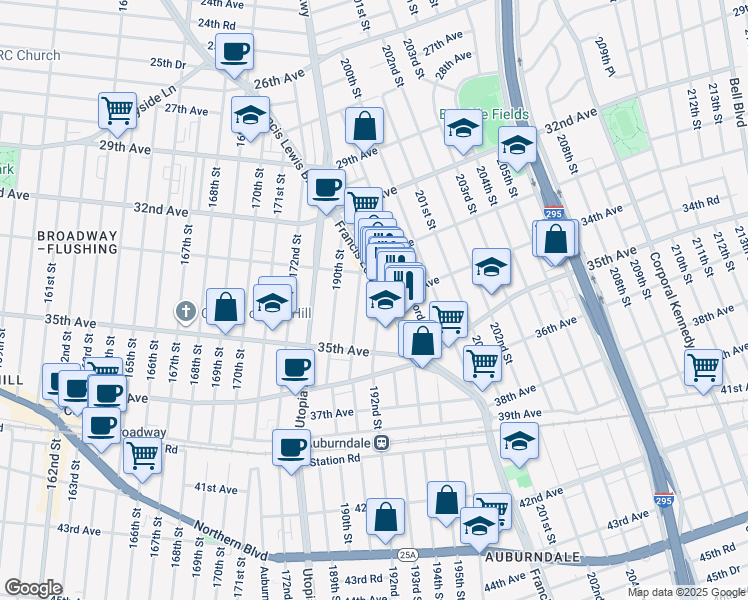 map of restaurants, bars, coffee shops, grocery stores, and more near 199- 2 34th Avenue in Queens