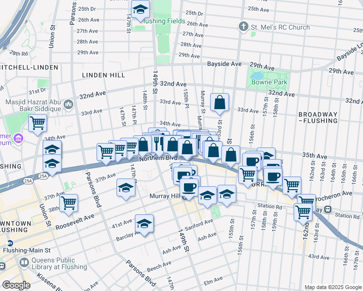 map of restaurants, bars, coffee shops, grocery stores, and more near 150-03 Northern Boulevard in Queens