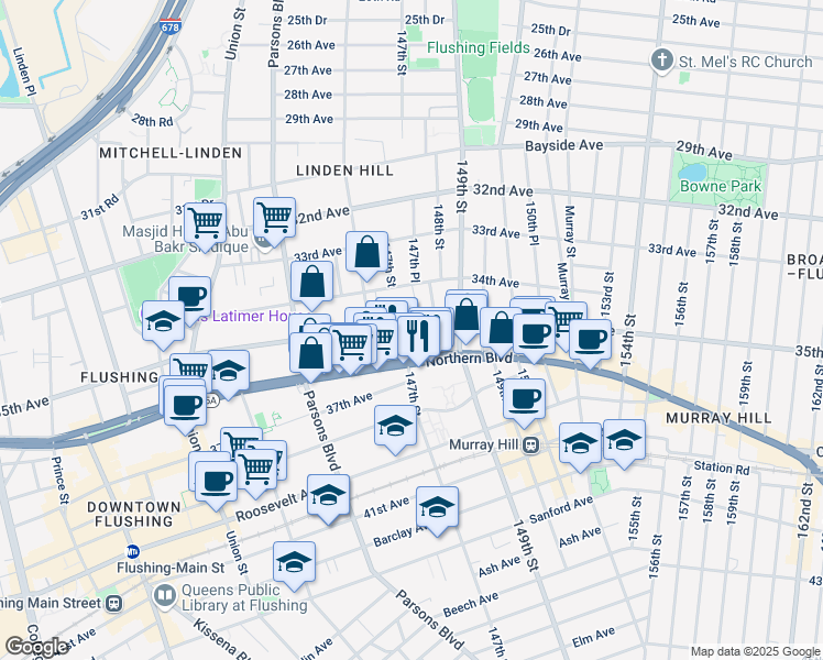 map of restaurants, bars, coffee shops, grocery stores, and more near 146-25 Northern Boulevard in Queens