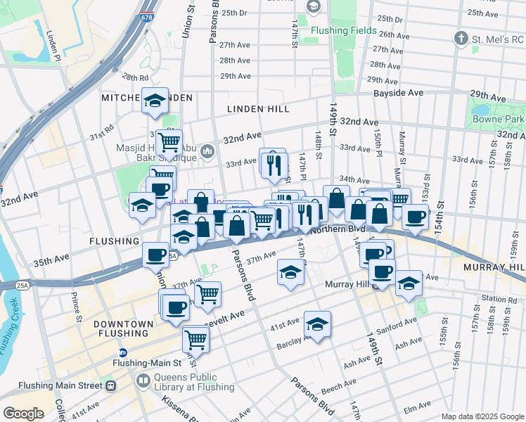 map of restaurants, bars, coffee shops, grocery stores, and more near 35-20 146th Street in Queens