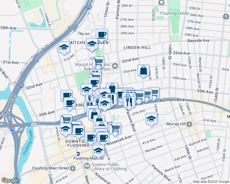 map of restaurants, bars, coffee shops, grocery stores, and more near 139-66 35th Avenue in Queens