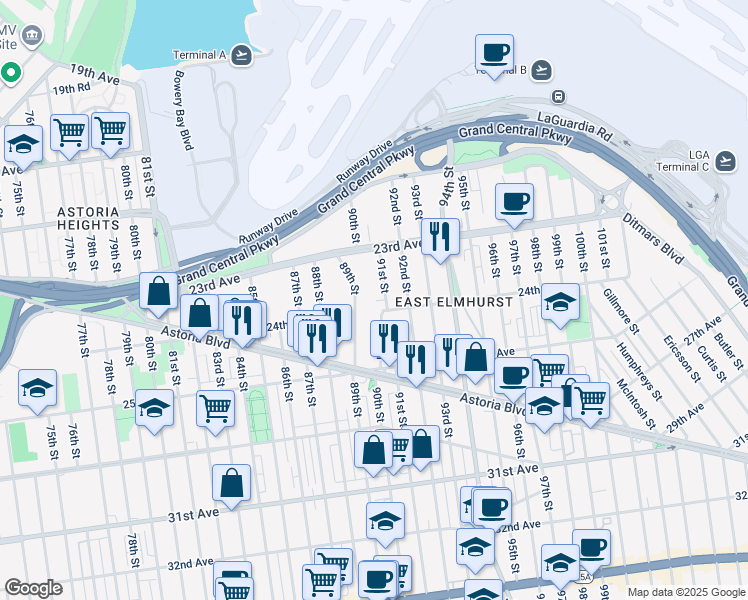 map of restaurants, bars, coffee shops, grocery stores, and more near 24-02 90th Place in Queens