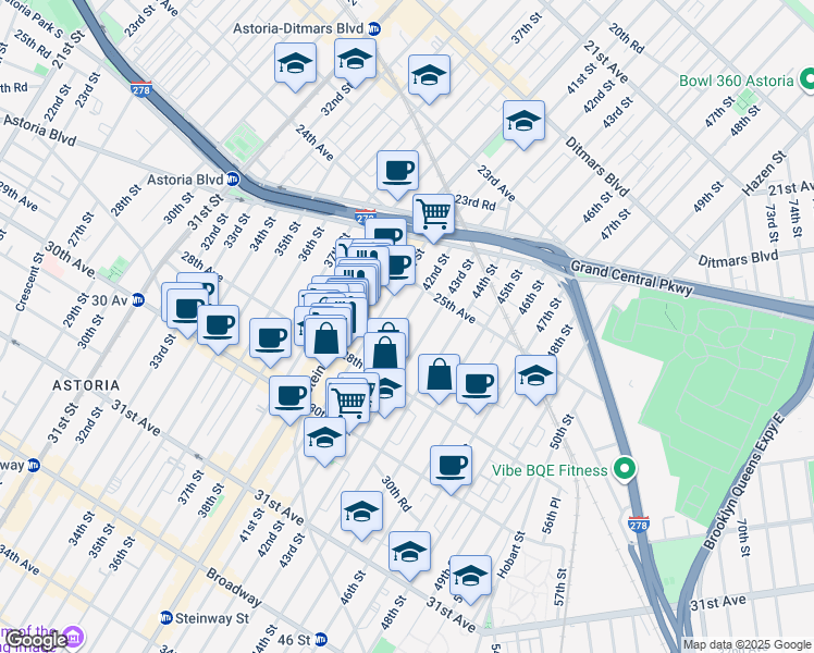 map of restaurants, bars, coffee shops, grocery stores, and more near 25-63 42nd Street in Queens