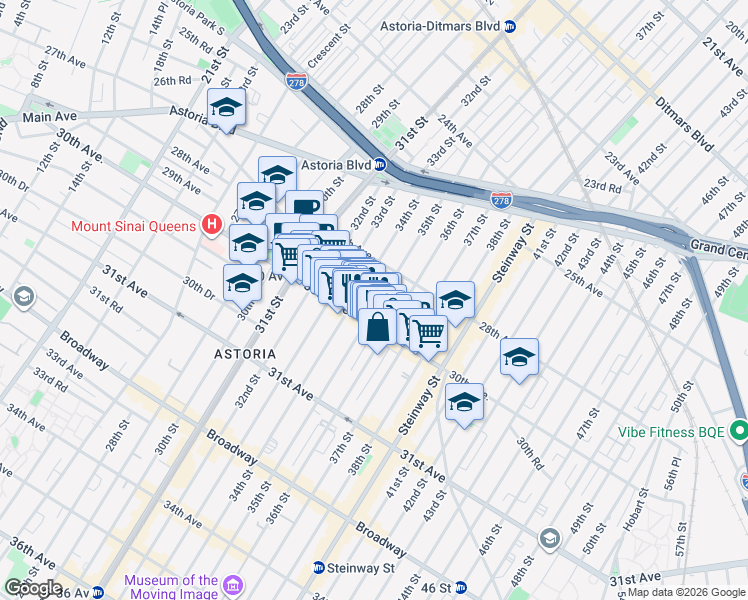 map of restaurants, bars, coffee shops, grocery stores, and more near 34-14 30th Avenue in Queens