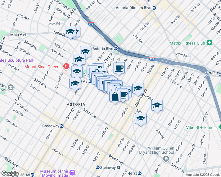 map of restaurants, bars, coffee shops, grocery stores, and more near 34-14 30th Avenue in Queens