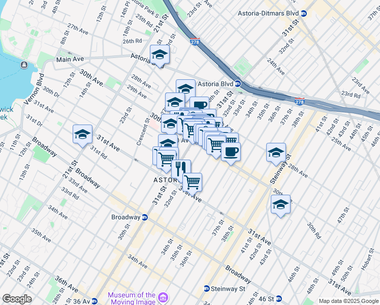 map of restaurants, bars, coffee shops, grocery stores, and more near 30-40 32nd Street in Queens