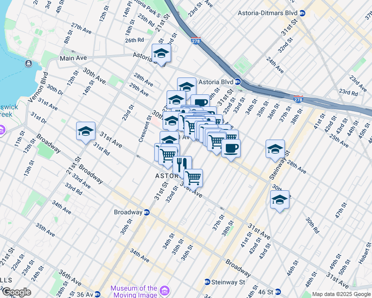 map of restaurants, bars, coffee shops, grocery stores, and more near 30-40 32nd Street in Queens