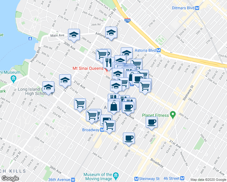 map of restaurants, bars, coffee shops, grocery stores, and more near 30-83 29th Street in Queens