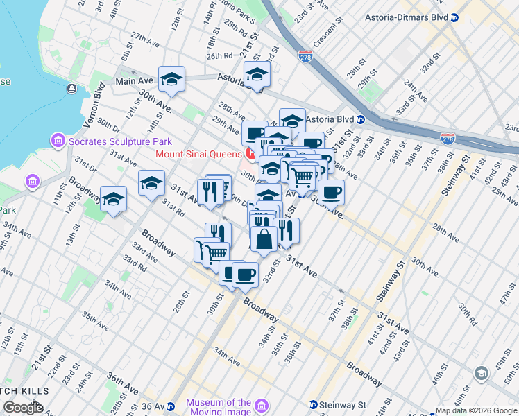 map of restaurants, bars, coffee shops, grocery stores, and more near 30-83 29th Street in Queens
