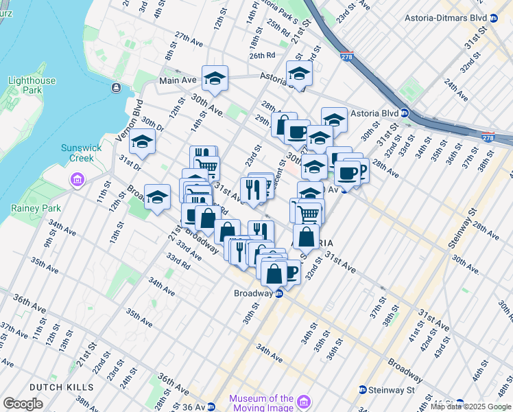 map of restaurants, bars, coffee shops, grocery stores, and more near 23-41 31st Road in Queens