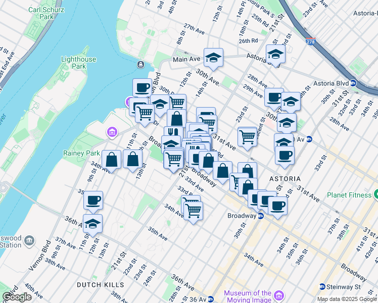 map of restaurants, bars, coffee shops, grocery stores, and more near 14-47 Broadway in Queens
