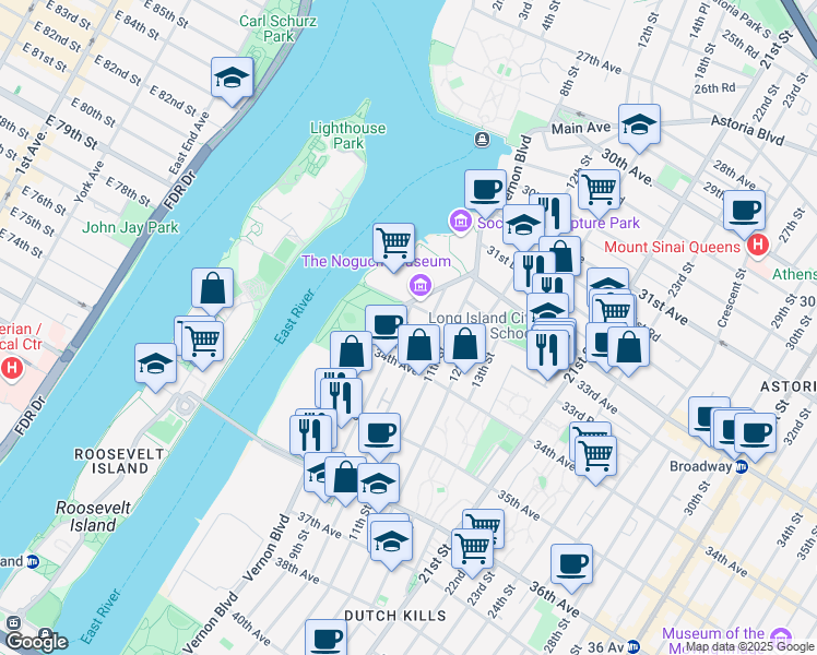 map of restaurants, bars, coffee shops, grocery stores, and more near 33-71 10th Street in Queens