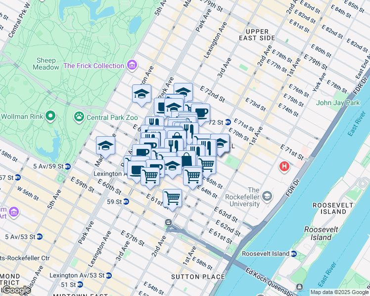 map of restaurants, bars, coffee shops, grocery stores, and more near 200-210 East 65th Street in New York