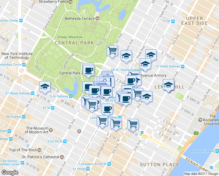map of restaurants, bars, coffee shops, grocery stores, and more near in New York