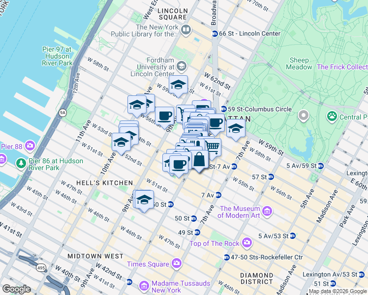 map of restaurants, bars, coffee shops, grocery stores, and more near 304 West 55th Street in New York