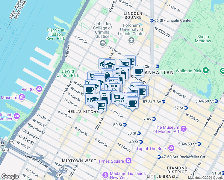map of restaurants, bars, coffee shops, grocery stores, and more near 401 West 54th Street in New York