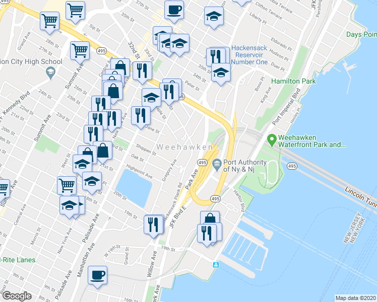 map of restaurants, bars, coffee shops, grocery stores, and more near 518 Gregory Avenue in Weehawken