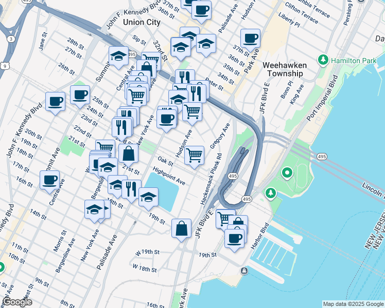 map of restaurants, bars, coffee shops, grocery stores, and more near 104 Shippen Street in Weehawken