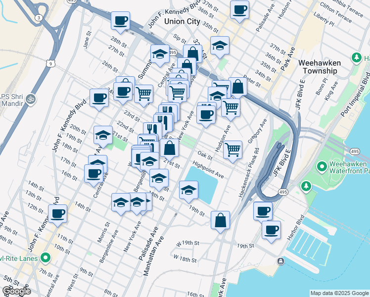 map of restaurants, bars, coffee shops, grocery stores, and more near 2201 Palisade Avenue in Union City