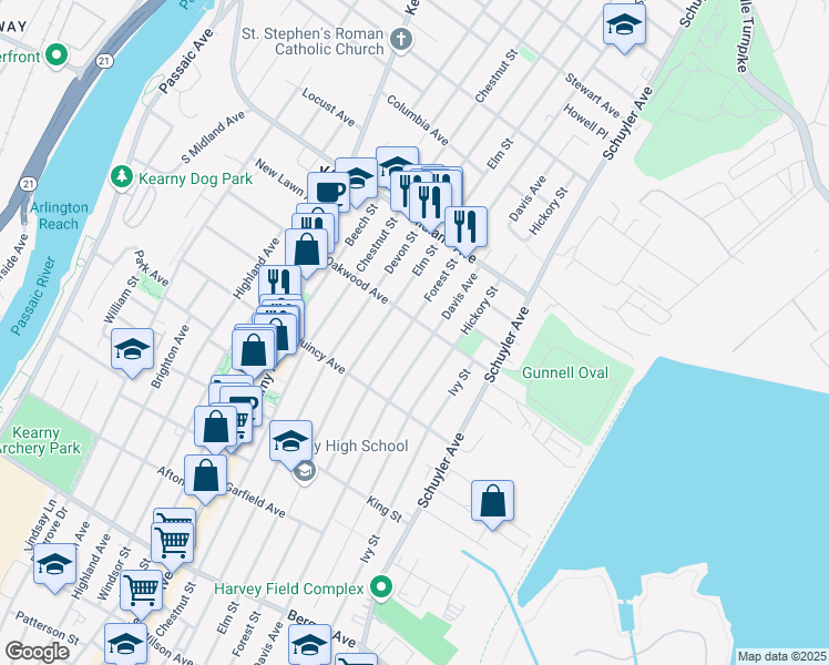 map of restaurants, bars, coffee shops, grocery stores, and more near 380 Davis Avenue in Kearny